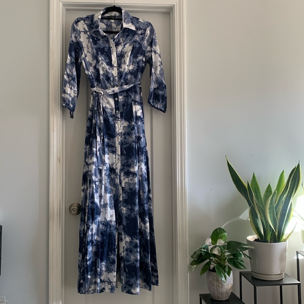 Venus Navy Blue & White Tie Dye Button Front‎ Maxi Dress sz 4 pleated tie waist